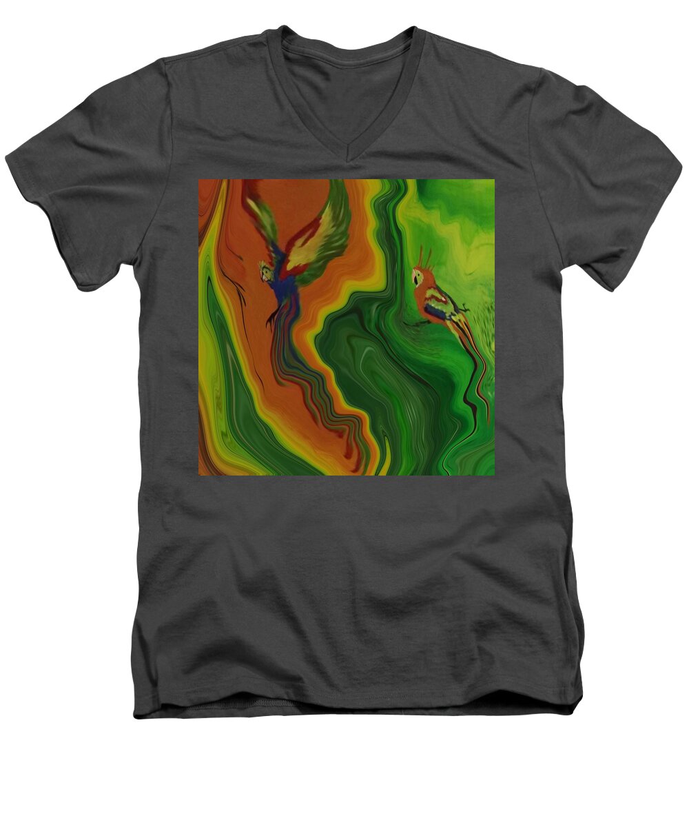 Abstract Men's V-Neck T-Shirt featuring the painting Abstract Art - Colorful Fluid Painting Pattern with Parrots by Patricia Piotrak