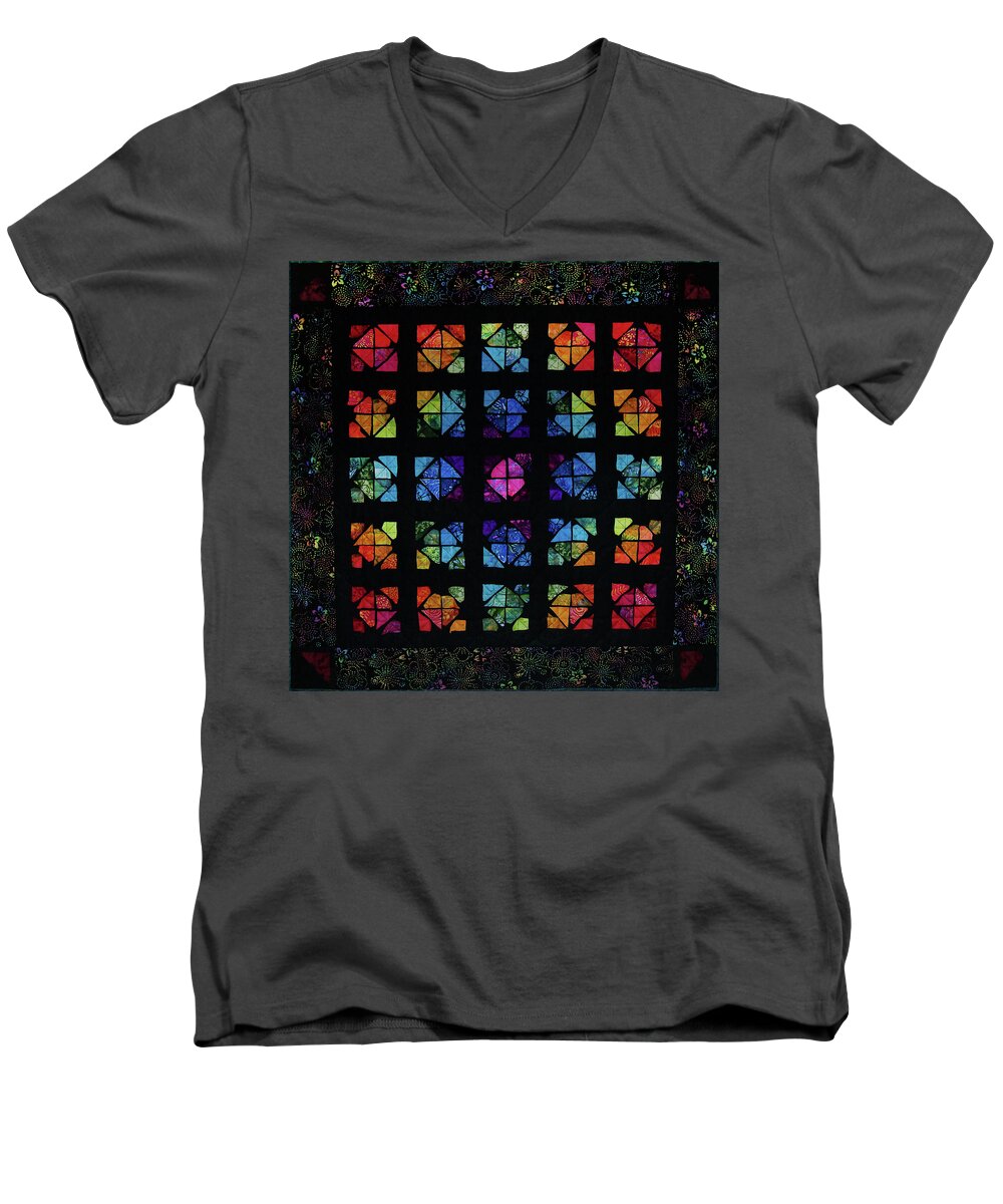 Art Quilt Men's V-Neck T-Shirt featuring the tapestry - textile All the Colors by Pam Geisel