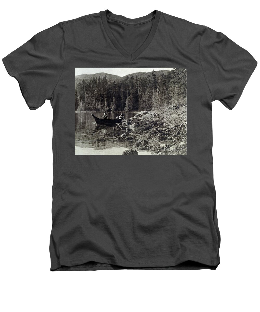 19th Century Men's V-Neck T-Shirt featuring the photograph American Indians Canoeing On The Shore Of The Nootka, 20th Century by Edward Sheriff Curtis