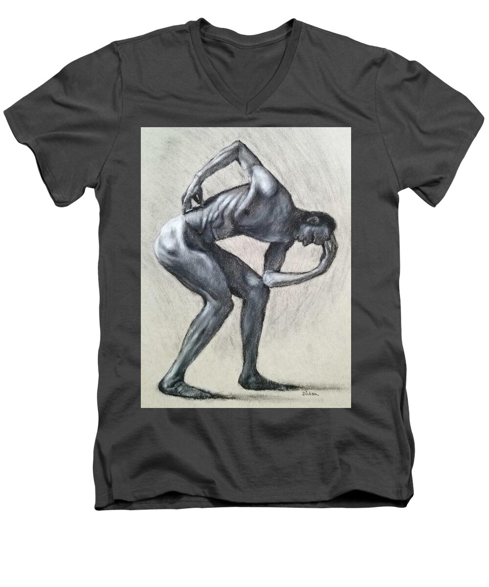 Charcoal Drawing Men's V-Neck T-Shirt featuring the drawing Anguish by Jeff Dickson