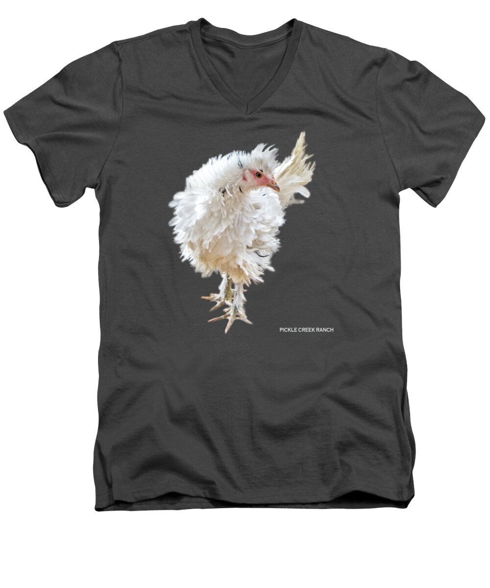 #frizzle #chicken #feathers #featherseverywhere #cute #frilly #farm #farmhouse #ranch #ranchhouse #country #countryliving #chickenbreeder Men's V-Neck T-Shirt featuring the photograph Frizzle Frazzle by Cheryl McClure