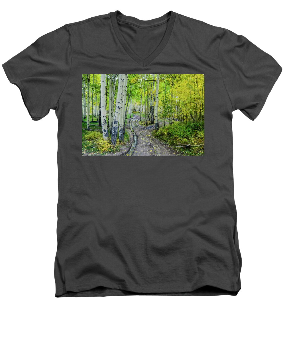 Aspens Men's V-Neck T-Shirt featuring the photograph Aspen Road by Johnny Boyd