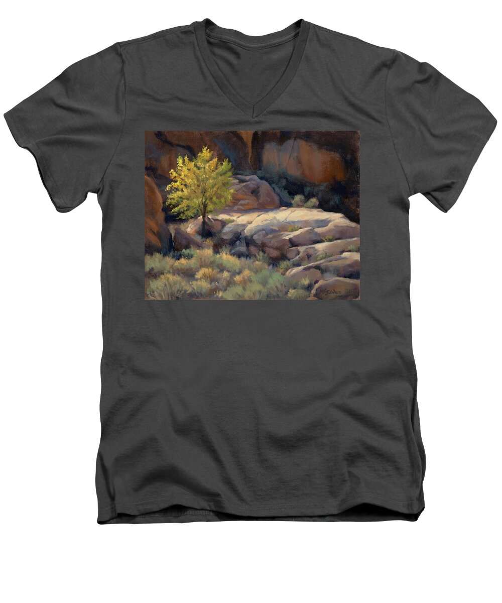 Western Landscape Men's V-Neck T-Shirt featuring the painting Autumn Ablaze by Sandy Fisher