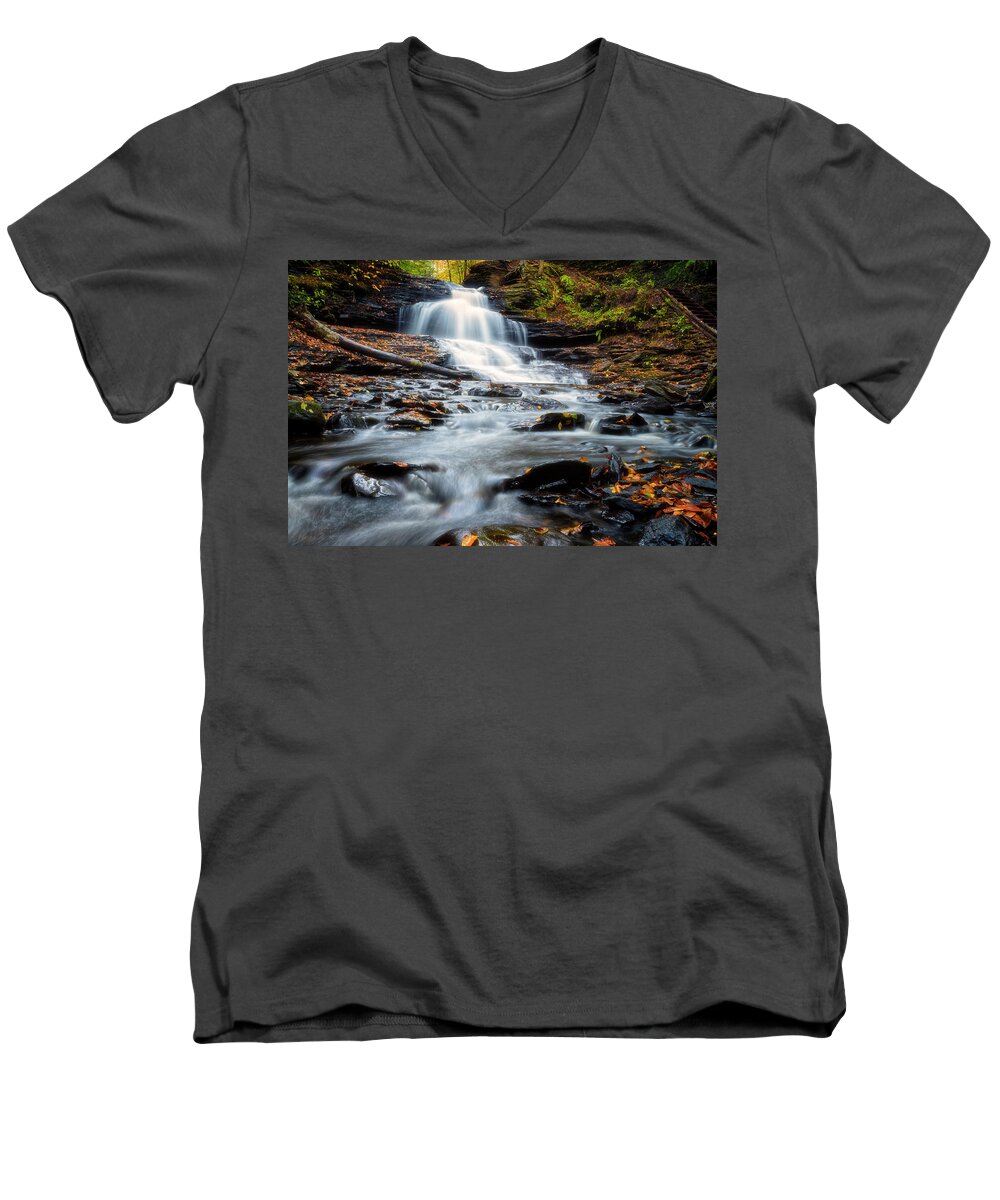Ricketts Glen State Park Men's V-Neck T-Shirt featuring the photograph Autumn Days by Russell Pugh