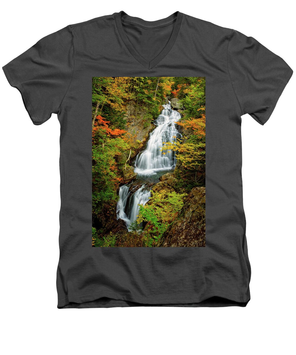 Crystal Cascade Men's V-Neck T-Shirt featuring the photograph Autumn Falls, Crystal Cascade by Jeff Sinon