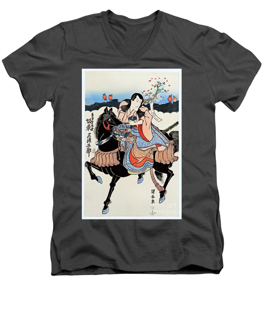 Japan Men's V-Neck T-Shirt featuring the digital art Bando Mitsugoro Riding a Horse by Carlos Diaz