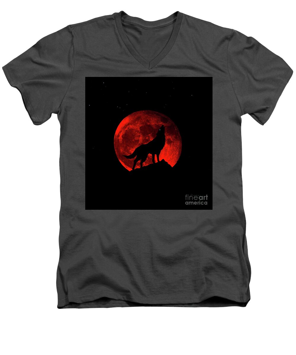 Bloodred Wolf Moon Men's V-Neck T-Shirt featuring the photograph Blood Red Wolf Supermoon Eclipse 873l by Ricardos Creations