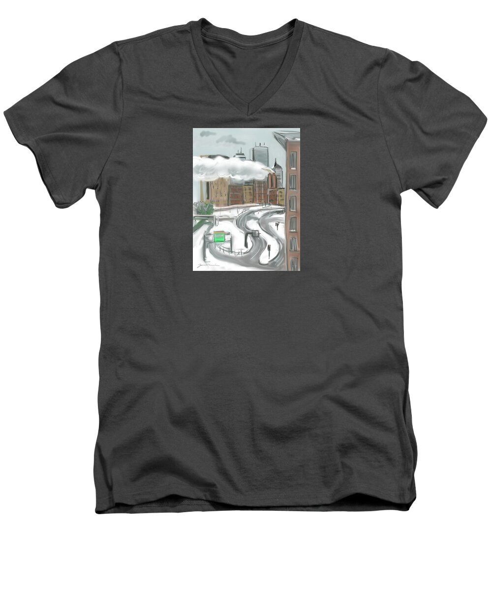 Boston Men's V-Neck T-Shirt featuring the painting Boston After The Blizzard by Jean Pacheco Ravinski