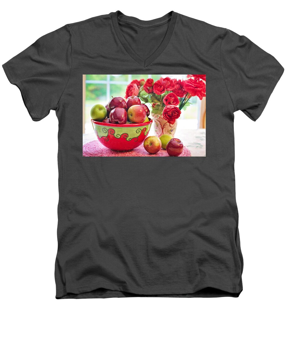 Photo Men's V-Neck T-Shirt featuring the photograph Bowl of red apples by Top Wallpapers