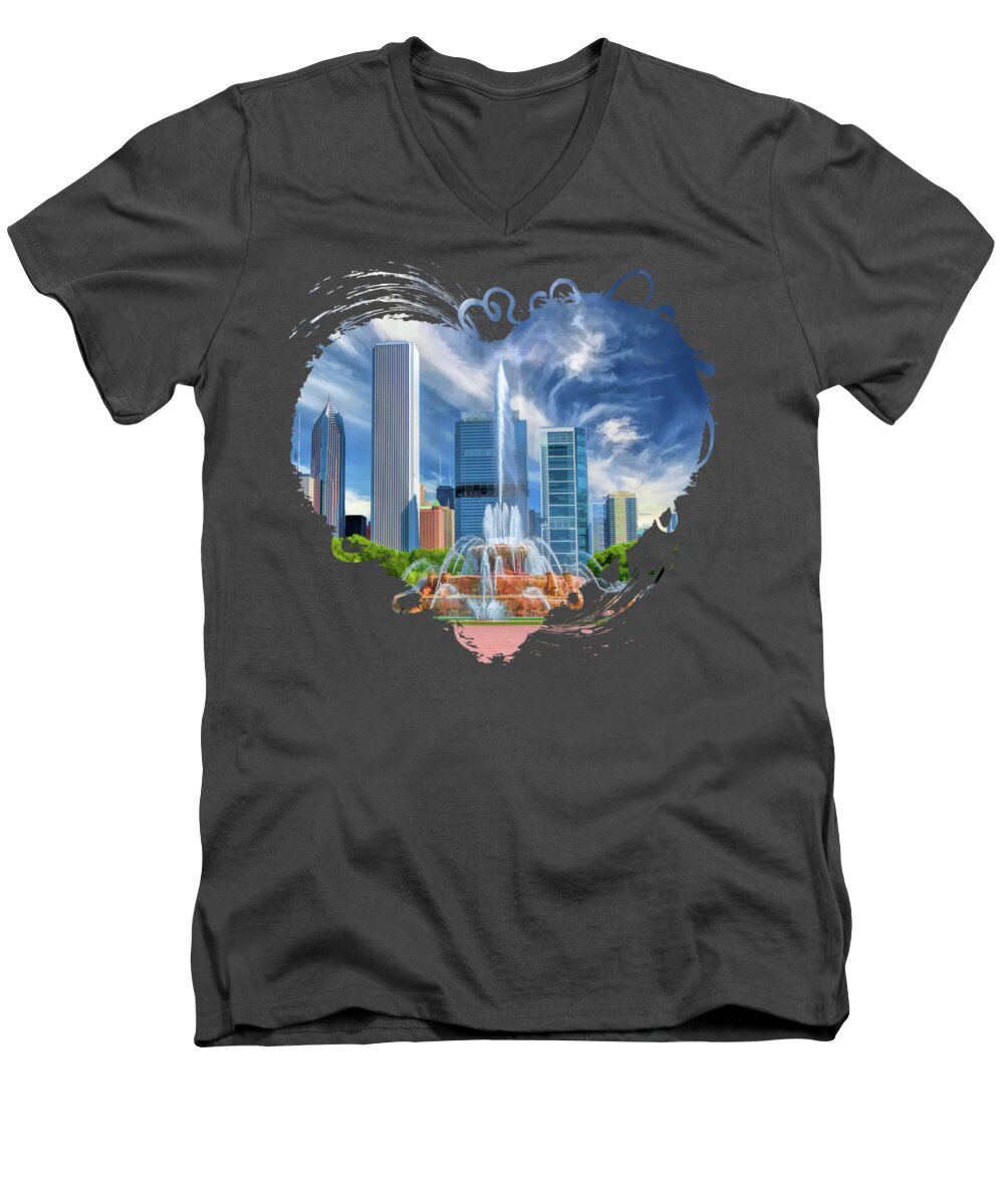 Buckingham Fountain Men's V-Neck T-Shirt featuring the photograph Buckingham Fountain Chicago Skyscrapers by Christopher Arndt