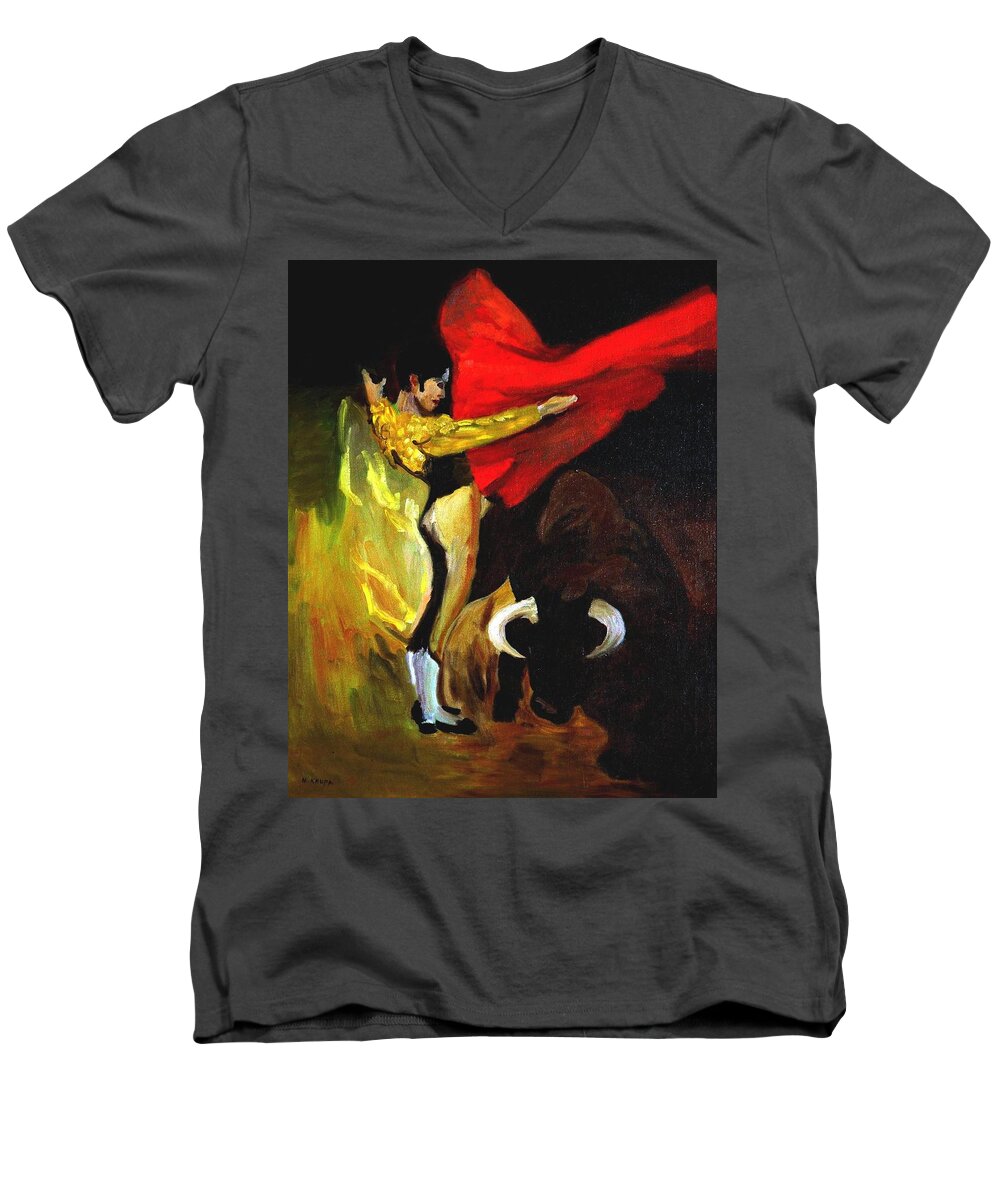 Matador Men's V-Neck T-Shirt featuring the painting Bullfighter by Mary Krupa by Bernadette Krupa