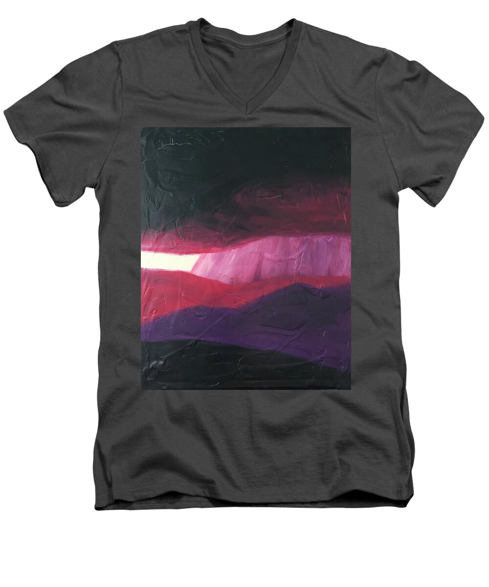 Abstract Men's V-Neck T-Shirt featuring the painting Burgundy Storm On The Horizon by Carrie MaKenna