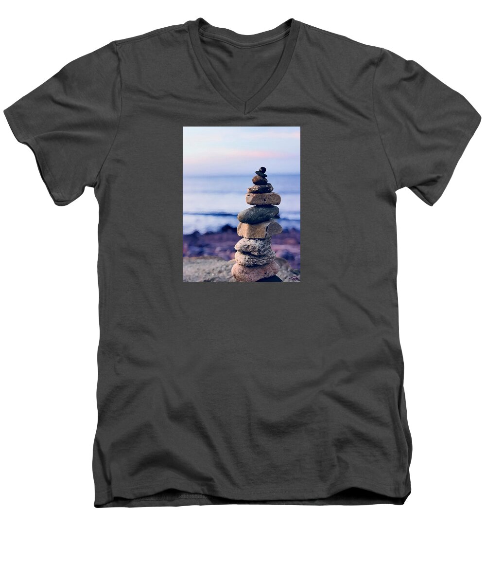 Cairn Men's V-Neck T-Shirt featuring the photograph Cairn at North Light by Tom Johnson
