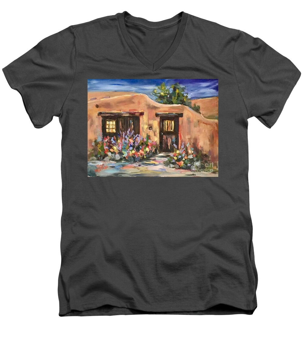 Adobe Men's V-Neck T-Shirt featuring the painting Canyon Road Casa by Patsy Walton