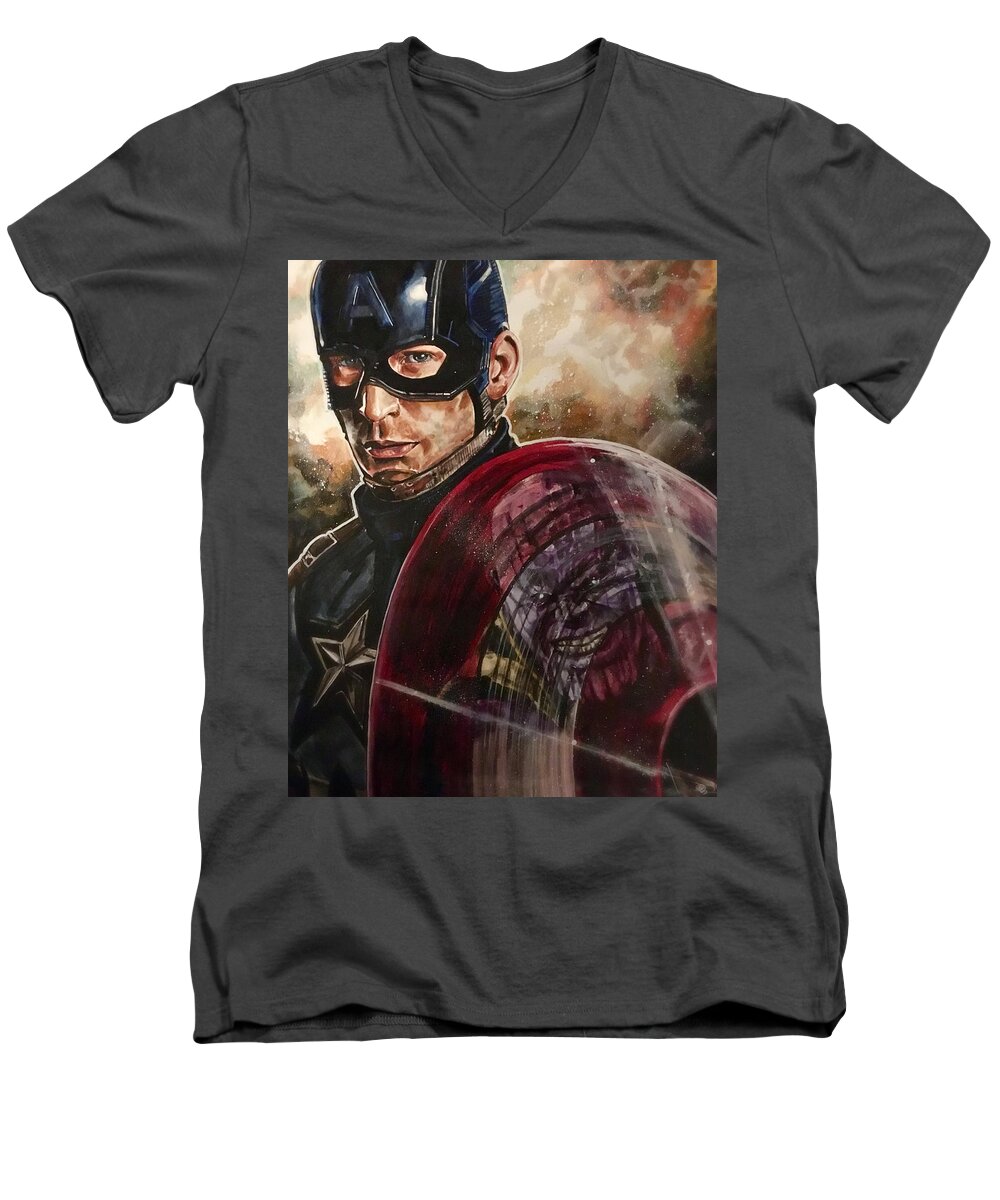 Captain America Men's V-Neck T-Shirt featuring the painting Captain America by Joel Tesch