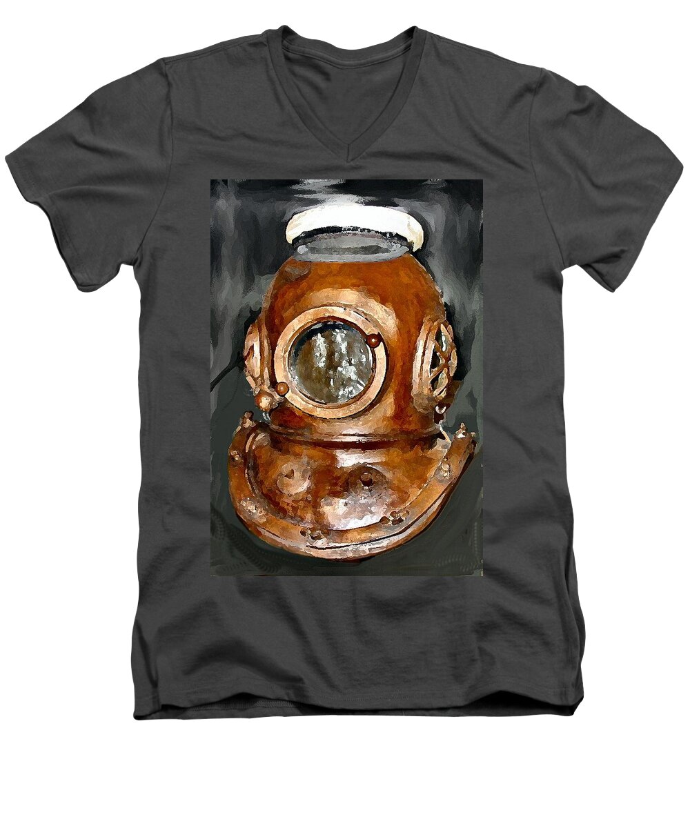 Diving Helmet Men's V-Neck T-Shirt featuring the digital art Captain Diver by Lin Grosvenor