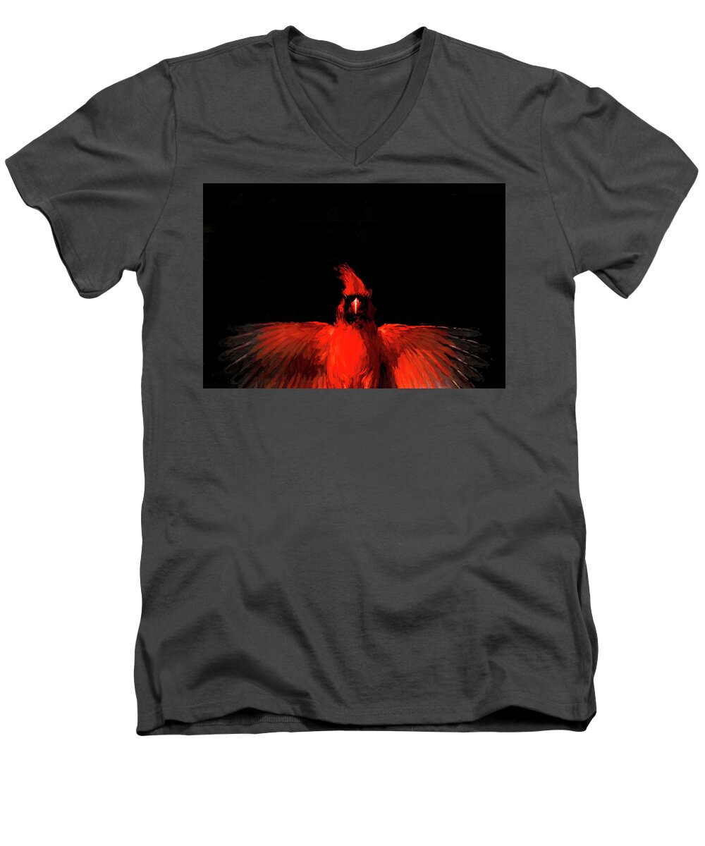 Cardinal Men's V-Neck T-Shirt featuring the photograph Cardinal Drama by Pete Rems