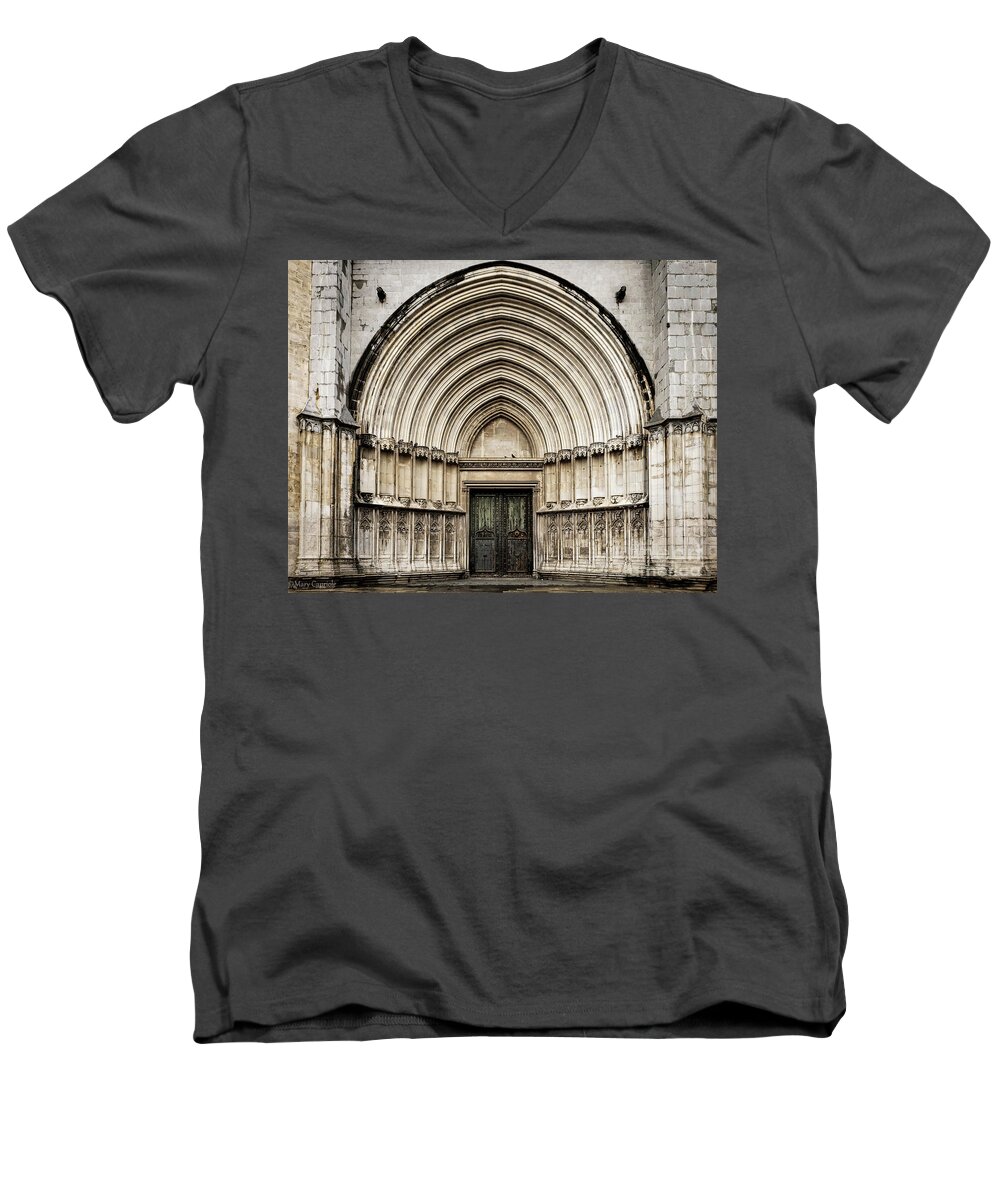 Doors Men's V-Neck T-Shirt featuring the photograph Cathedral of Girona Portico by Mary Capriole
