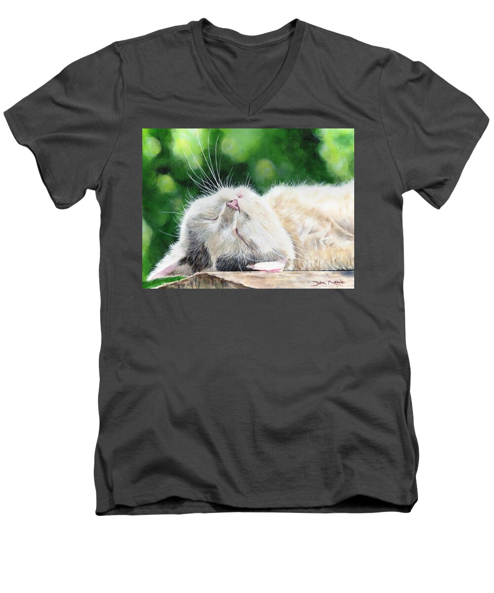 Cat Men's V-Neck T-Shirt featuring the painting Catnap by John Neeve