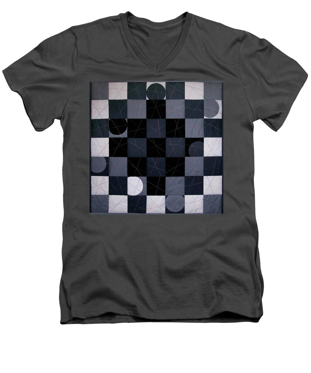 Abstract Men's V-Neck T-Shirt featuring the tapestry - textile Checkers and Pick-up-sticks by Pam Geisel