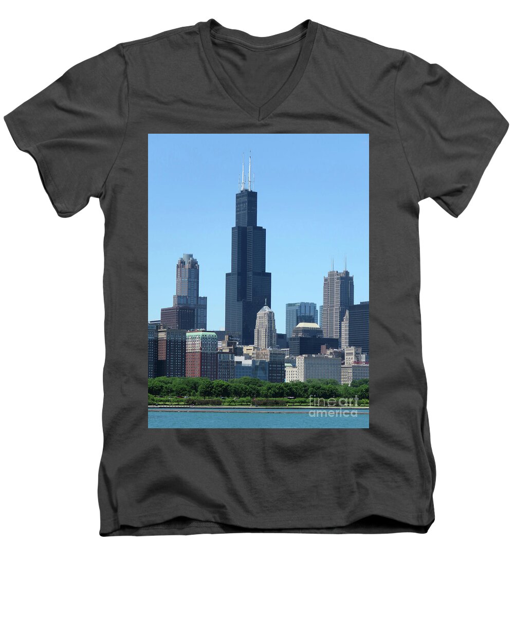 Chicago Men's V-Neck T-Shirt featuring the photograph Chicago Skyline by Mary Mikawoz