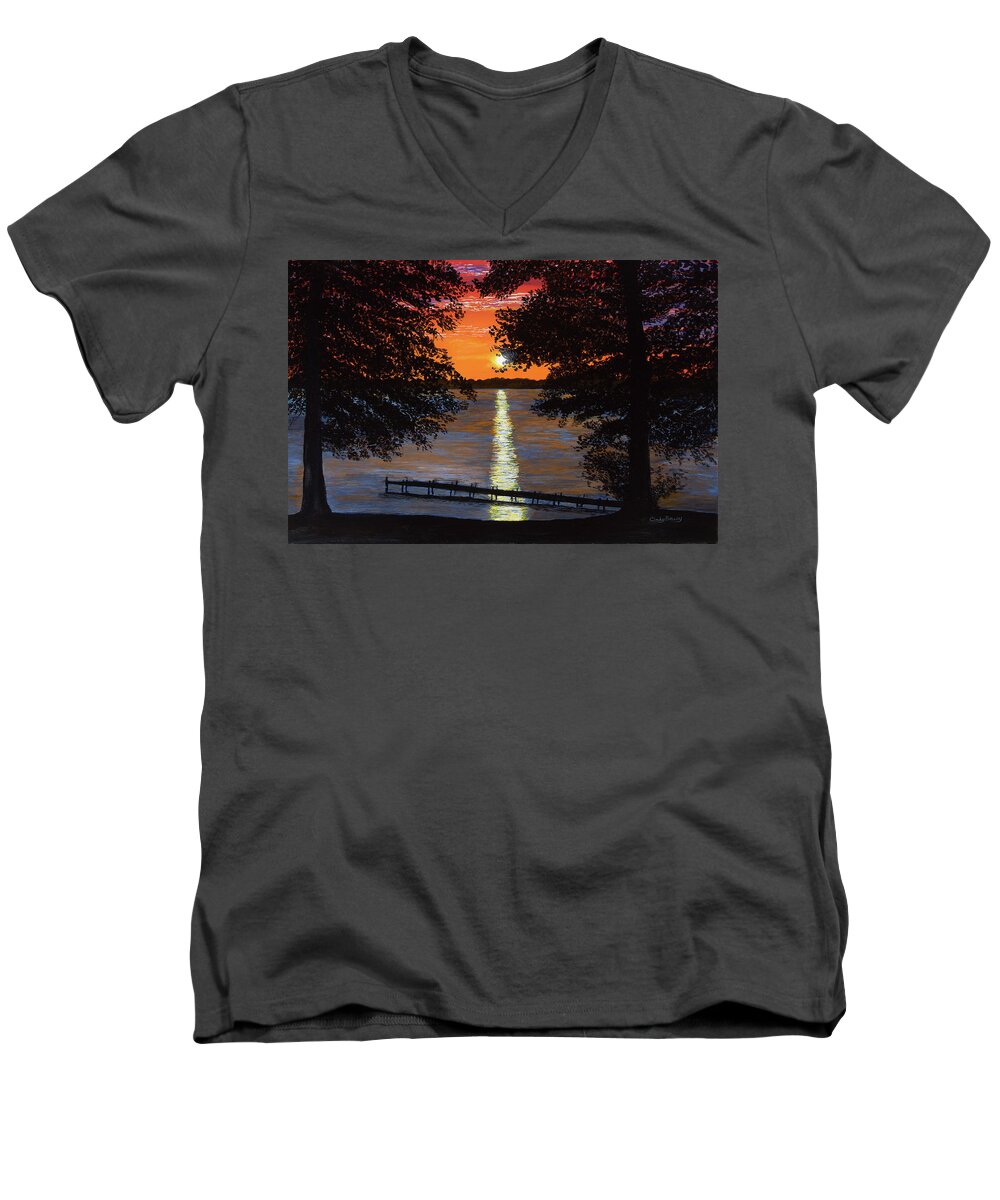 Lake Men's V-Neck T-Shirt featuring the painting Cindy Beuoy - Lake Maxinkuckee by Cindy Beuoy