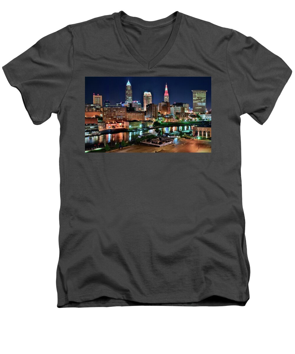 Cleveland Men's V-Neck T-Shirt featuring the photograph Cleveland Iconic Night Lights by Frozen in Time Fine Art Photography