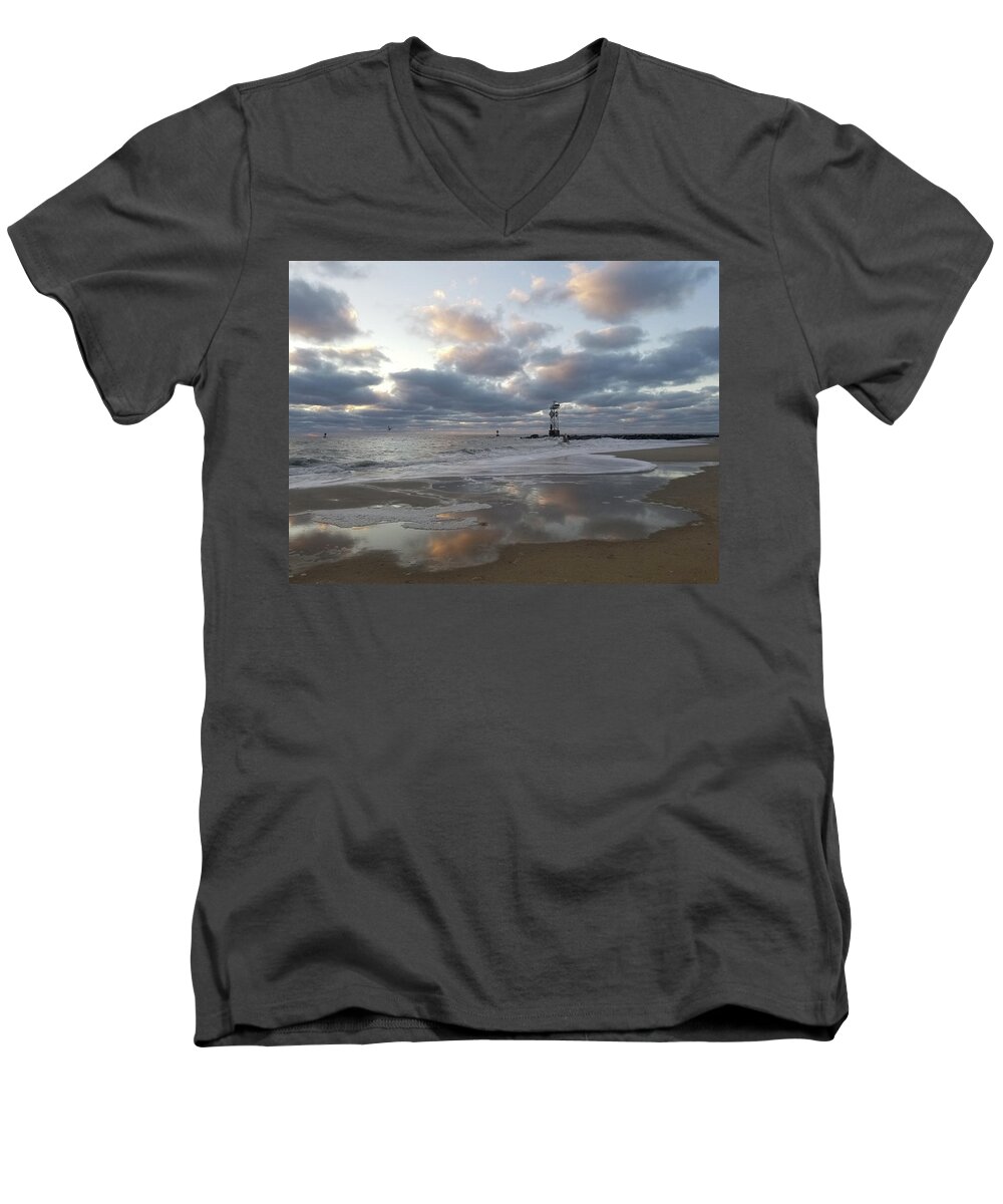 Beach Men's V-Neck T-Shirt featuring the photograph Cloud's Reflections at the Inlet by Robert Banach