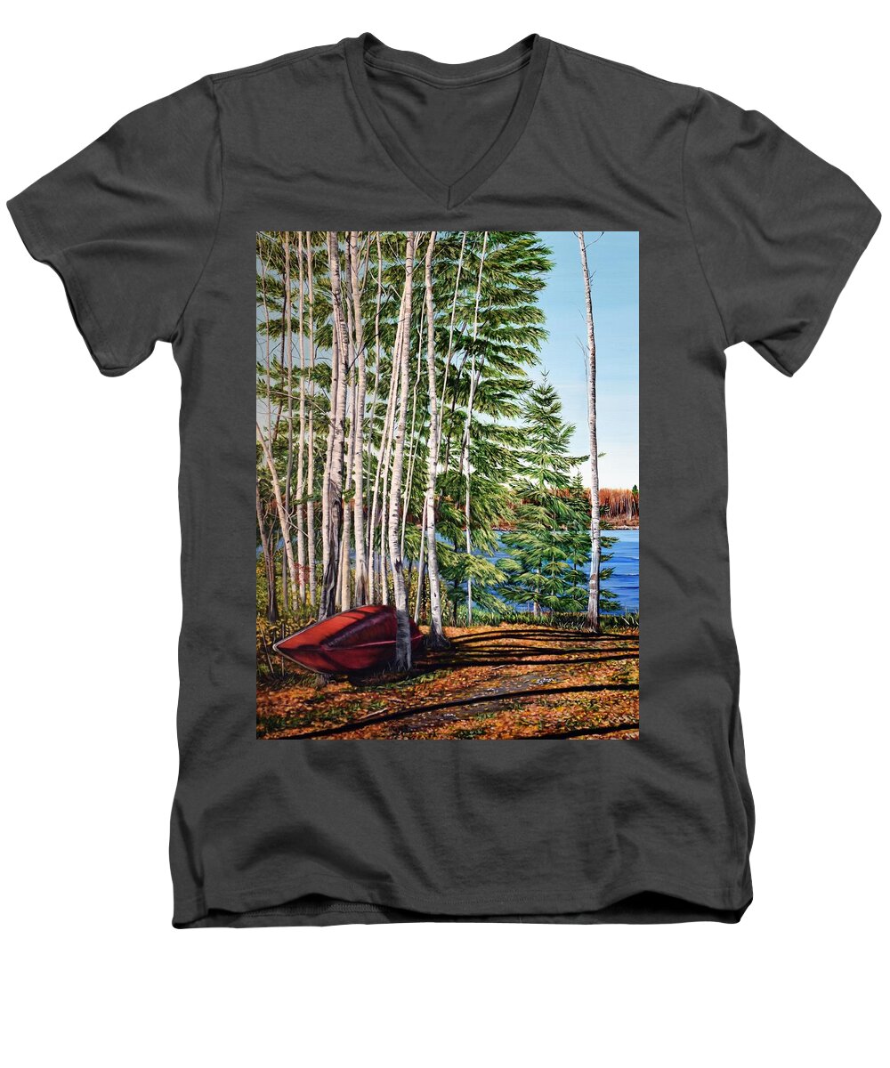 Canoe Men's V-Neck T-Shirt featuring the painting Cottage Country by Marilyn McNish