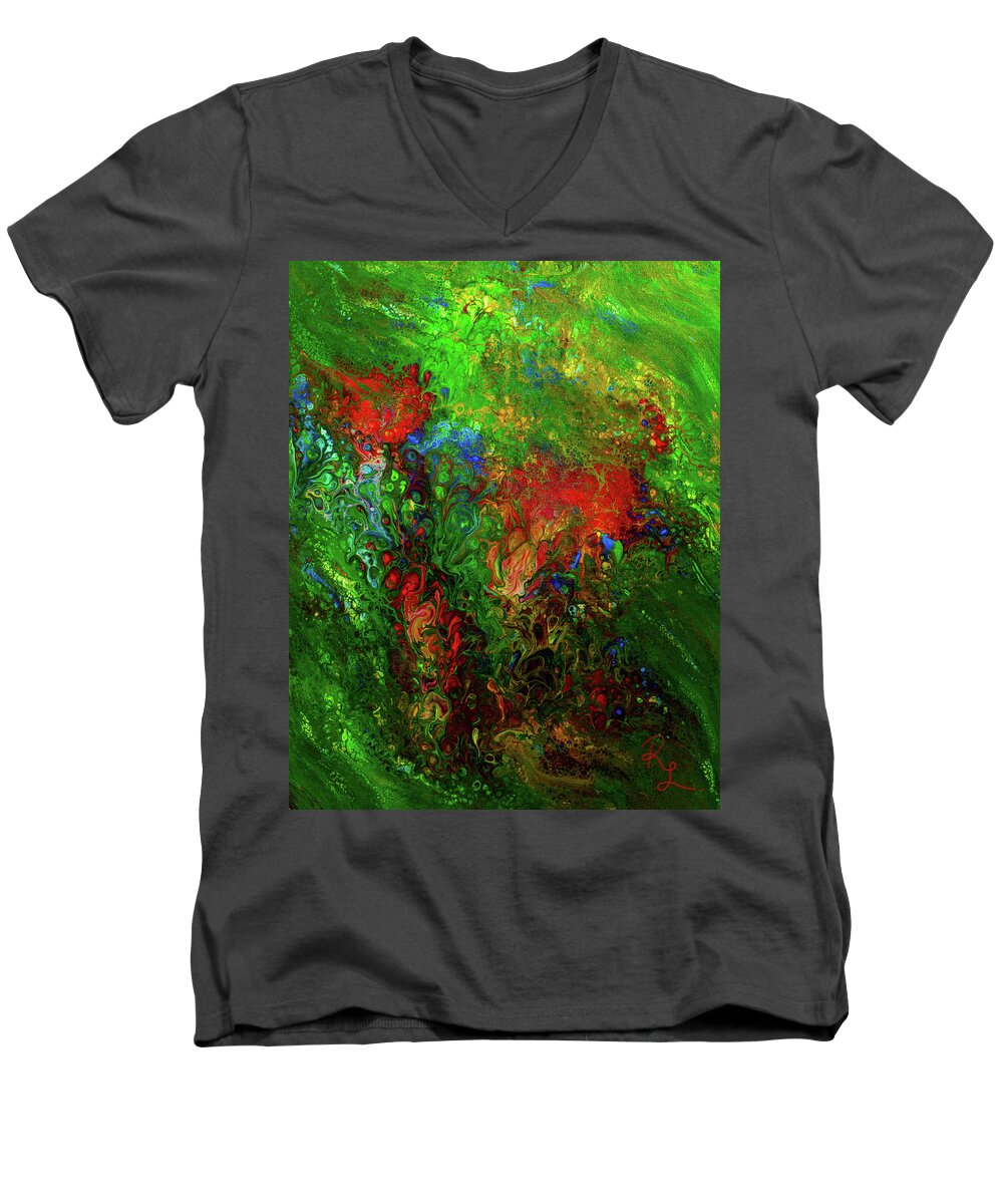 Abstract Men's V-Neck T-Shirt featuring the painting Dance of the Dragon by Renee Logan