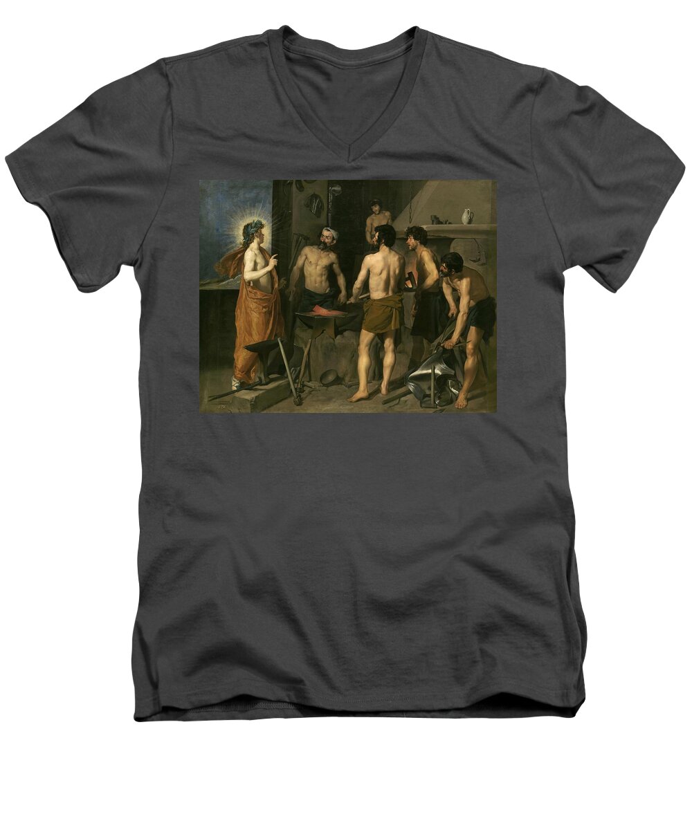 Diego Velazquez Men's V-Neck T-Shirt featuring the painting Diego Rodriguez de Silva y Velazquez / 'Vulcan's Forge', 1630, Spanish School. vulcano. by Diego Velazquez -1599-1660-