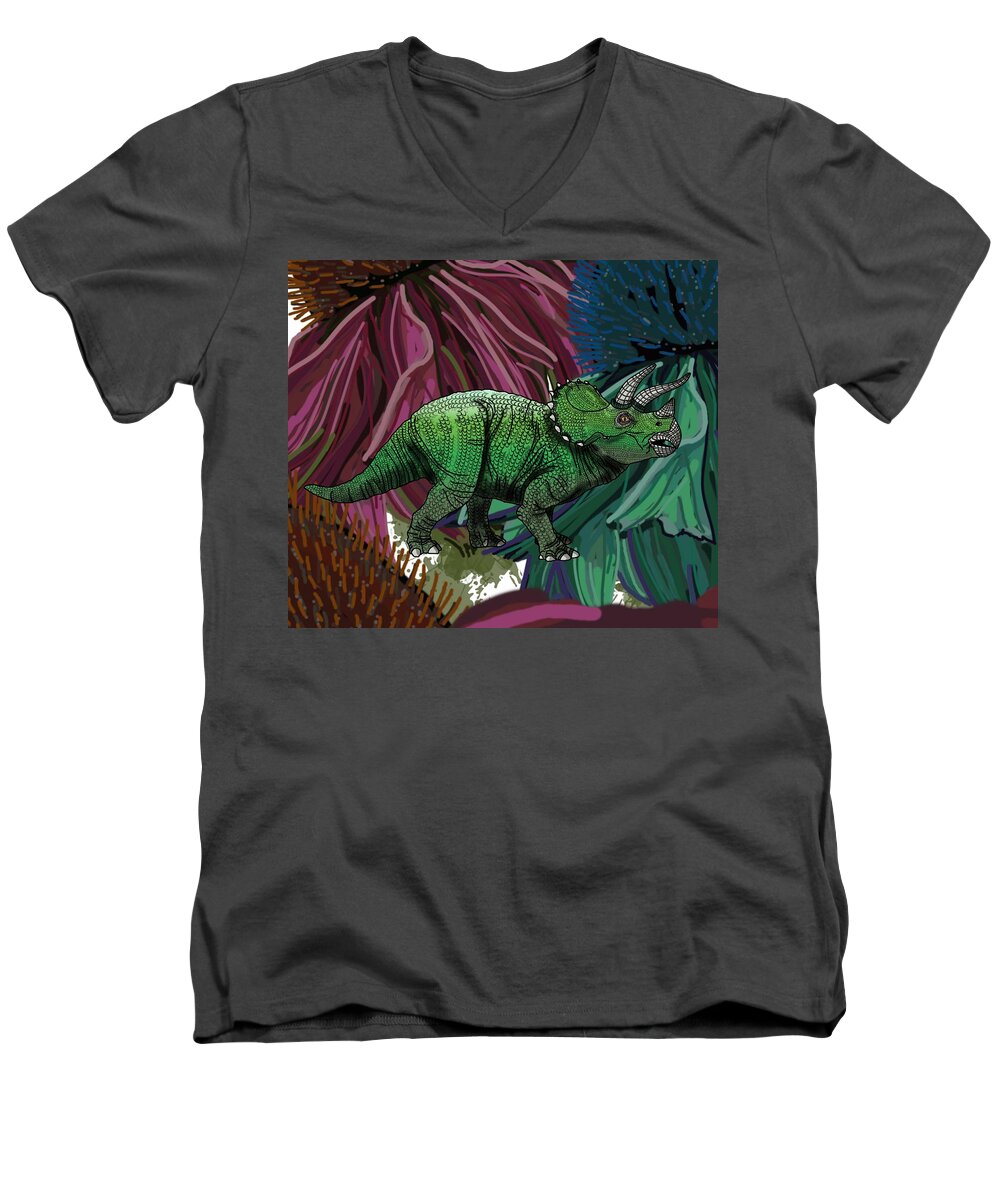 Dinosaur Men's V-Neck T-Shirt featuring the digital art Dinosaur Triceratops Flowers by Joan Stratton