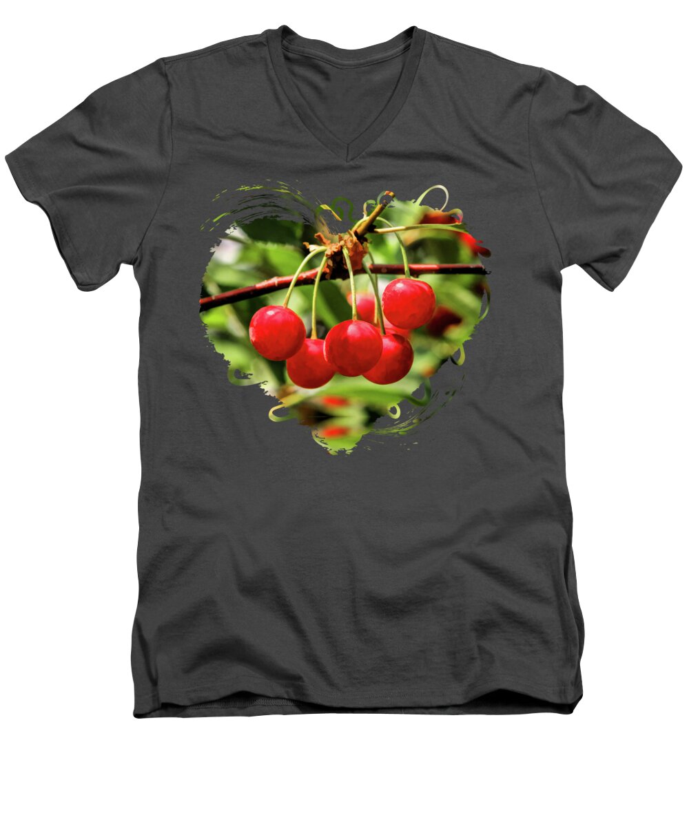 Door County Men's V-Neck T-Shirt featuring the painting Door County Cherry Hanging Cherries by Christopher Arndt