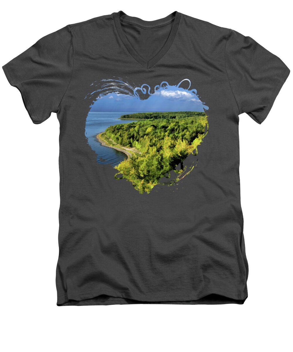 Door County Men's V-Neck T-Shirt featuring the painting Door County Peninsula State Park Svens Bluff Overlook by Christopher Arndt