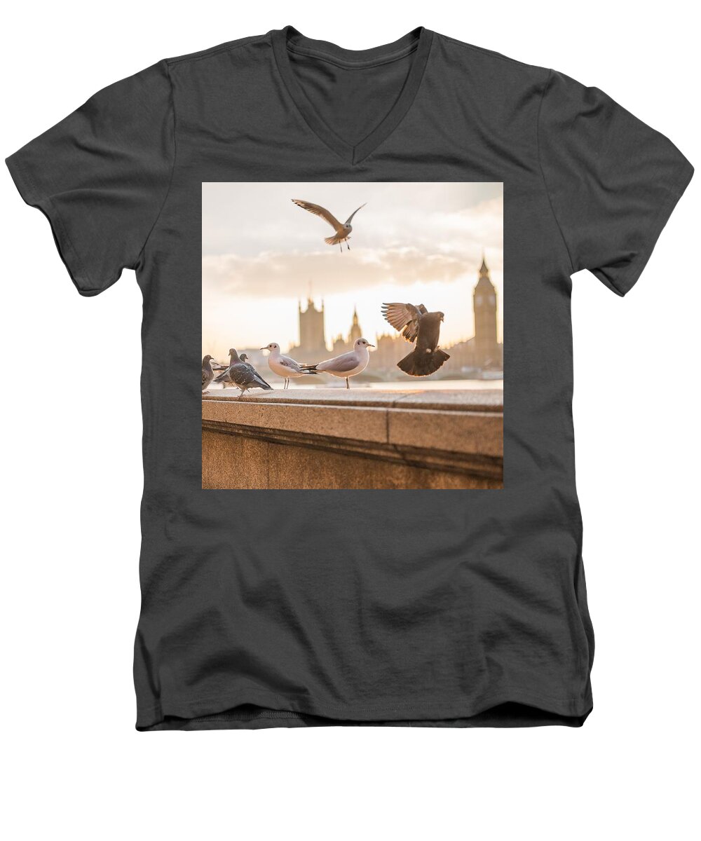 Cute Men's V-Neck T-Shirt featuring the photograph Doves and seagulls over the Thames in London by Top Wallpapers