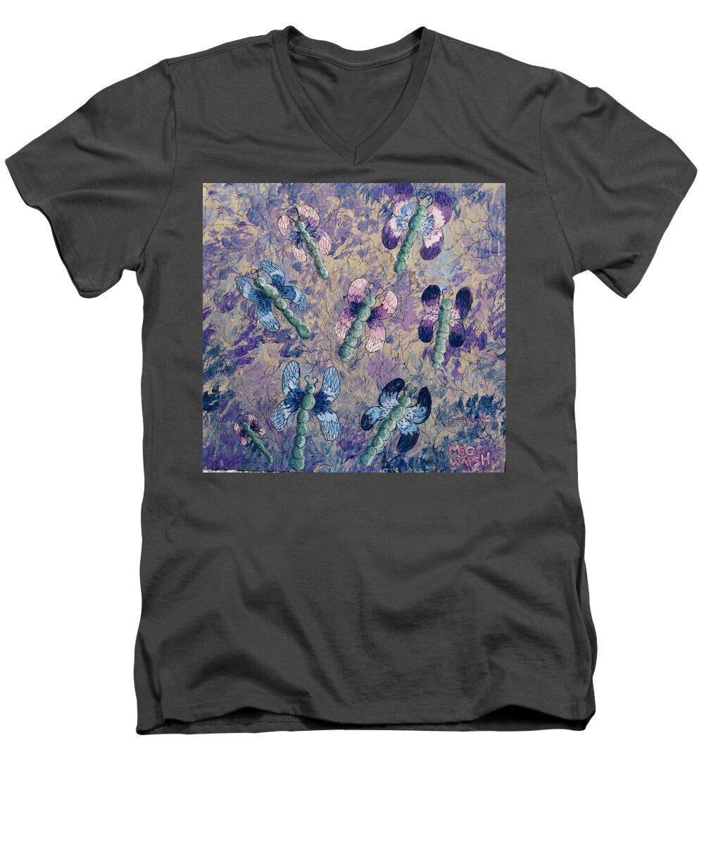 Dragonflies Men's V-Neck T-Shirt featuring the painting Dragons in indigo and lavender by Megan Walsh