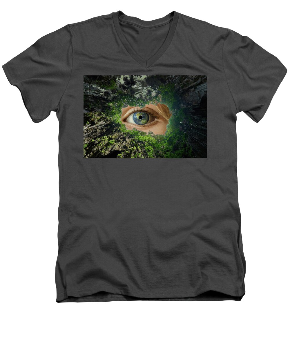 Earth Men's V-Neck T-Shirt featuring the digital art Earth Is Watching You by Alex Mir
