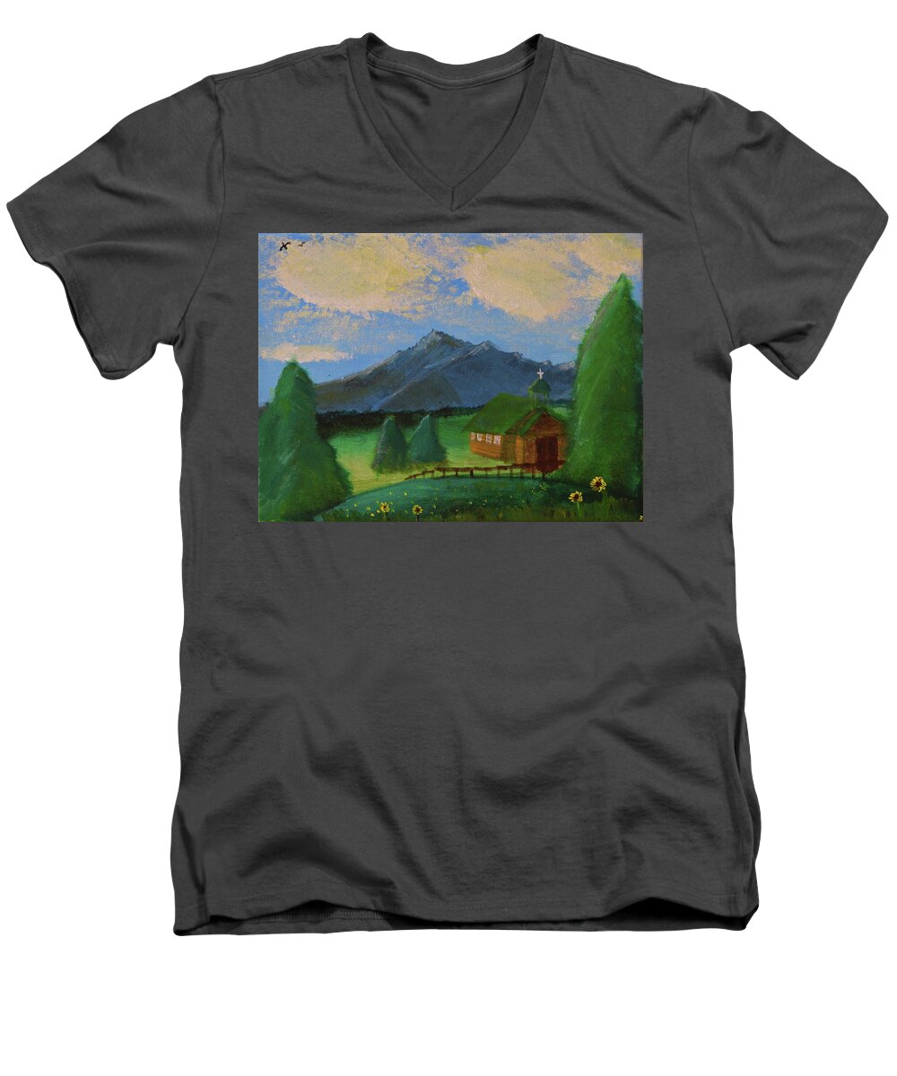 Wyoming Men's V-Neck T-Shirt featuring the painting Esterbrook Chapel, Wyoming by Chance Kafka