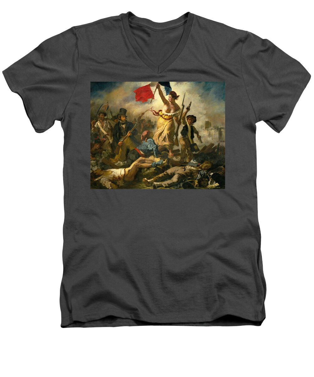 Eugene Delacroix Men's V-Neck T-Shirt featuring the painting Eugene Delacroix / 'Liberty Leading the People', 1830, Oil on canvas, 260 x 325 cm. LIBERTAD. by Eugene Delacroix -1798-1863-