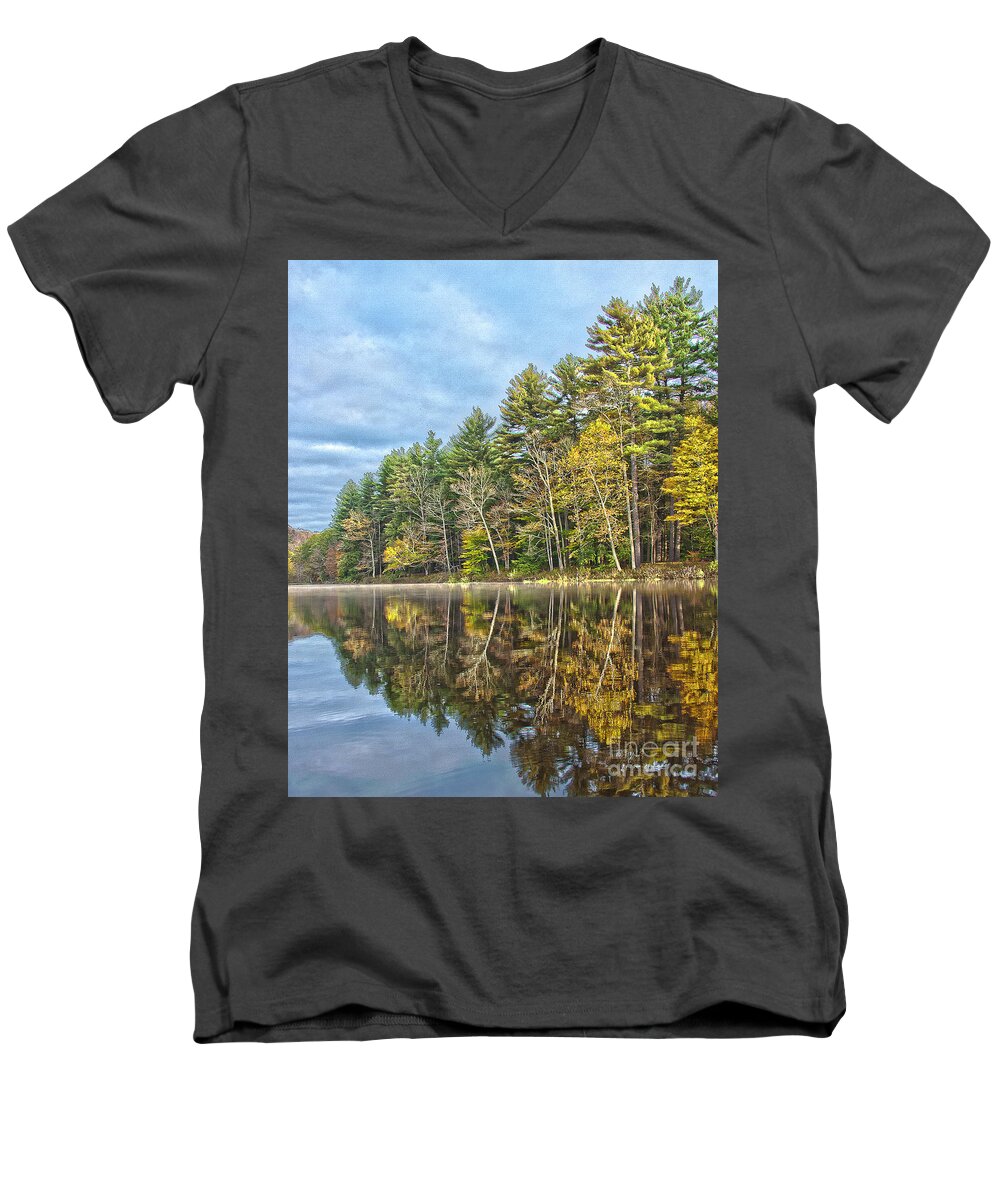 Farmington River Men's V-Neck T-Shirt featuring the photograph Fall Reflection by Tom Cameron