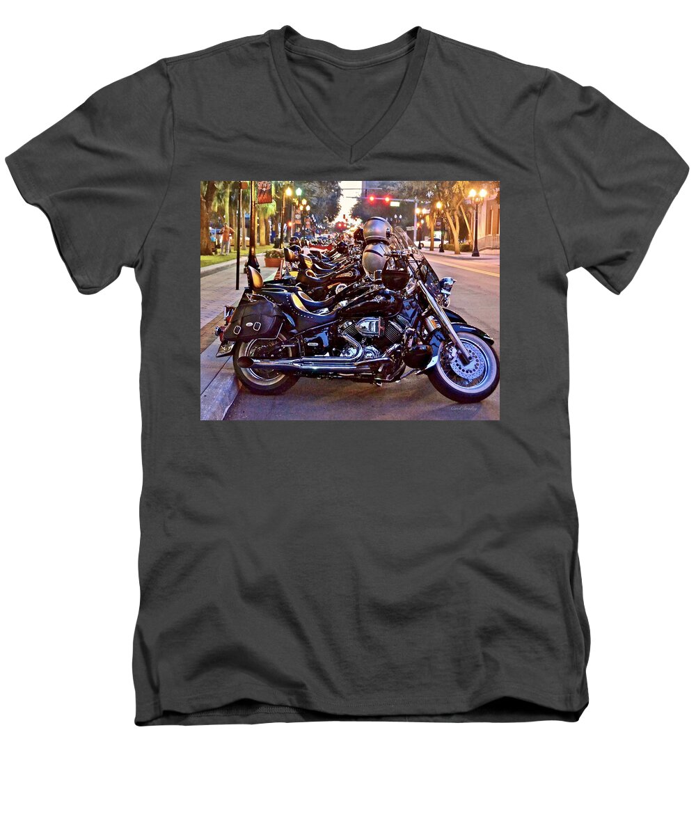 Bike Men's V-Neck T-Shirt featuring the photograph First Friday Bike Night by Carol Bradley