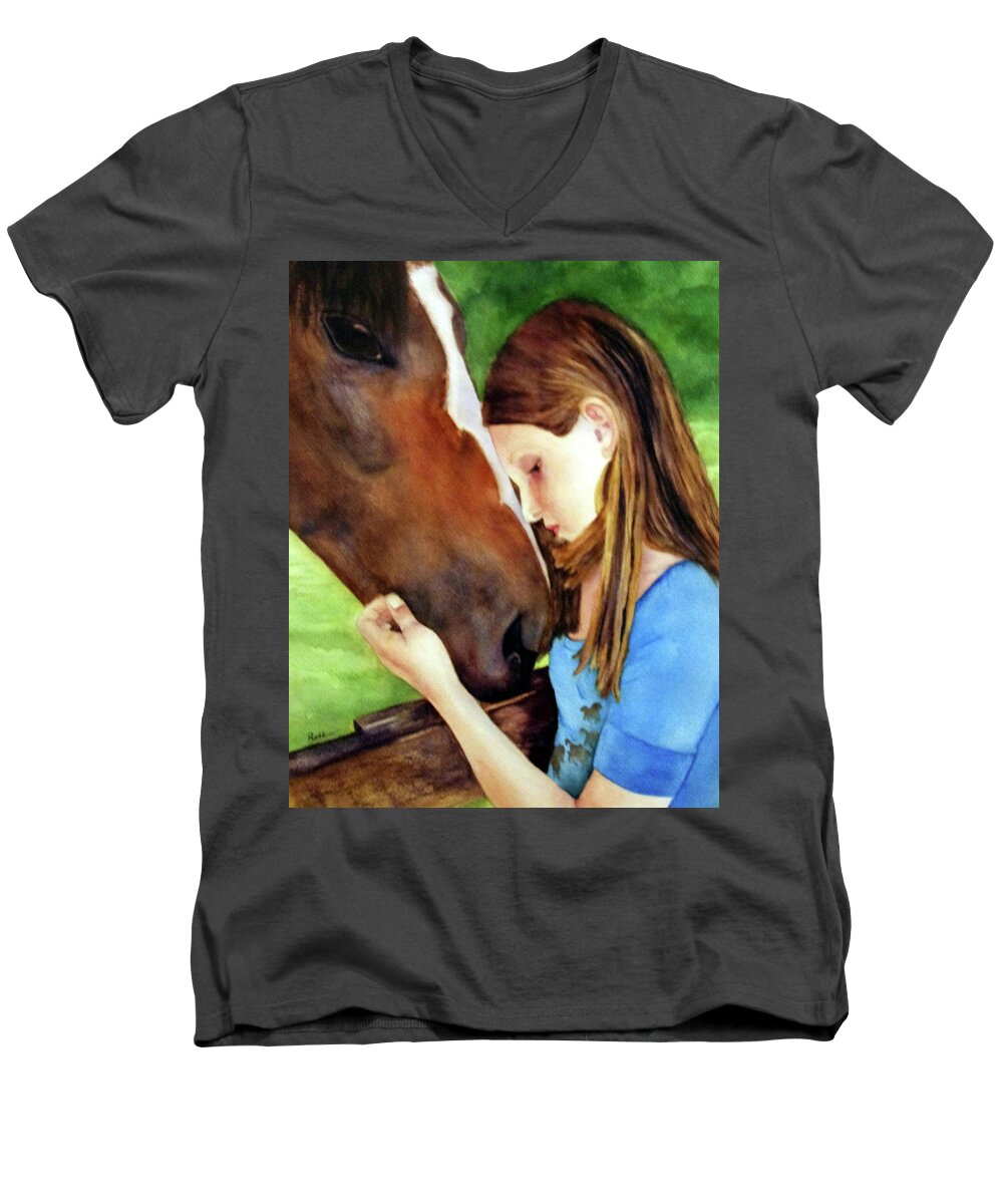 Horse Men's V-Neck T-Shirt featuring the painting First Love by Beth Fontenot