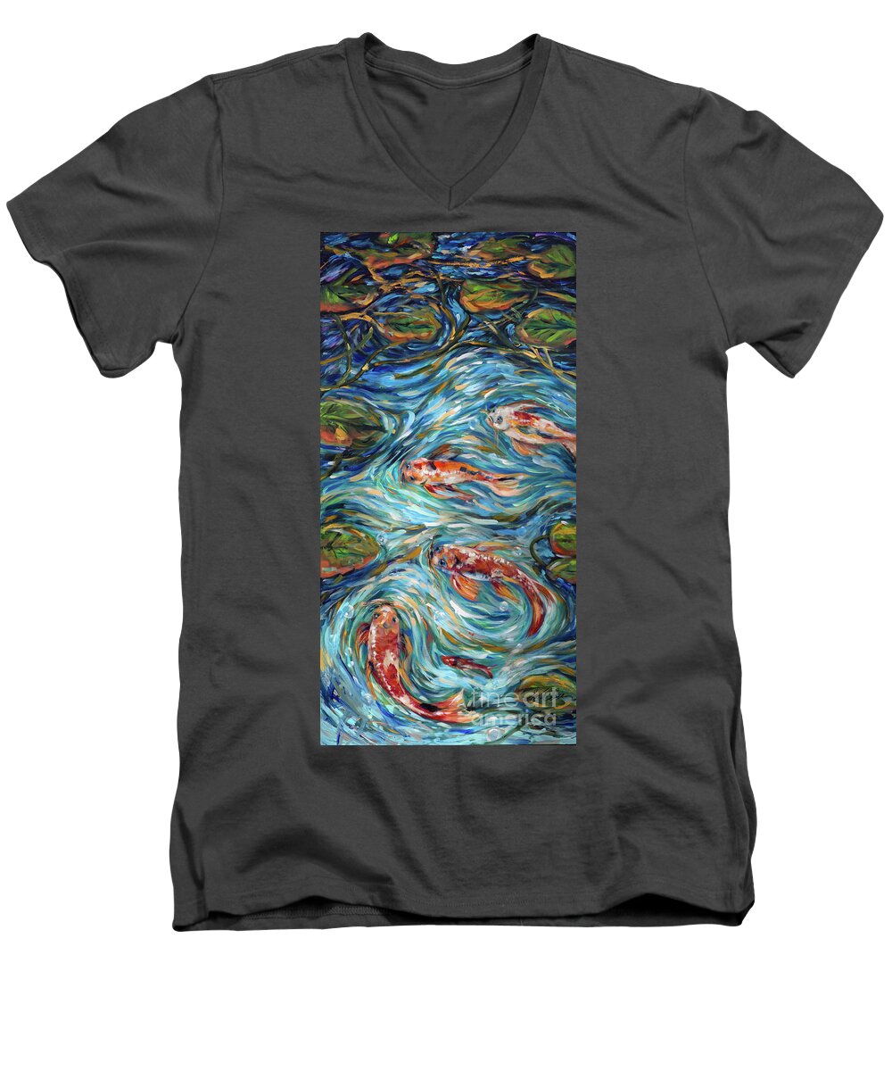 Koi Men's V-Neck T-Shirt featuring the painting Fish in My Pond by Linda Olsen