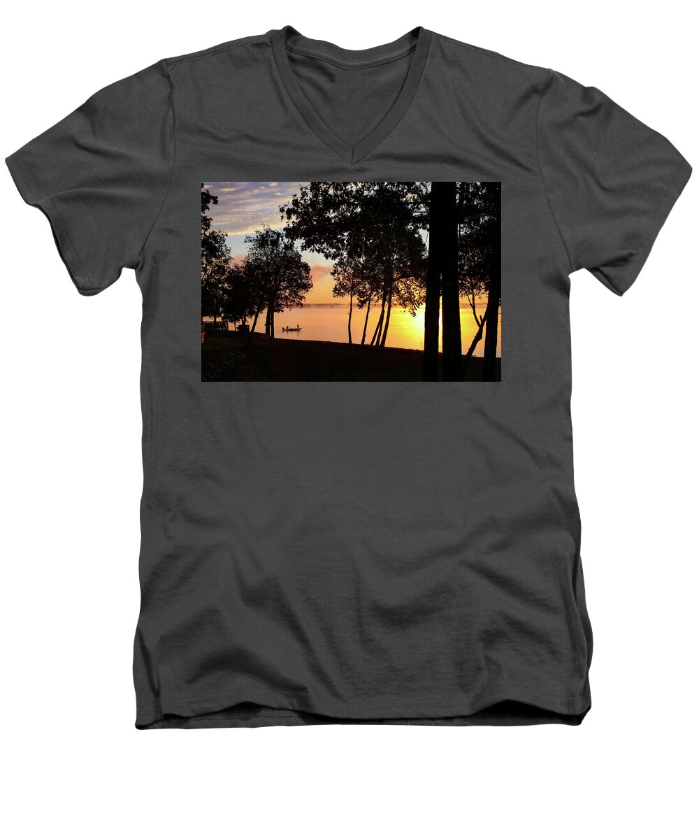 Grand Lake Men's V-Neck T-Shirt featuring the photograph Fishing at Sunrise by David Wagenblatt