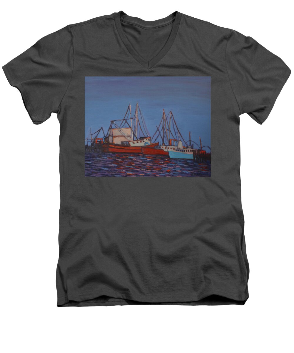 Long Line Men's V-Neck T-Shirt featuring the painting Fishing Trawlers by Beth Riso