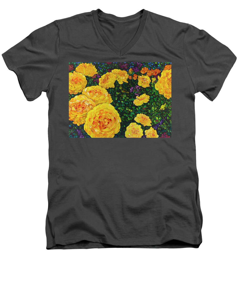 Flowers Men's V-Neck T-Shirt featuring the painting Floral Interpretation - Rosebush by James W Johnson
