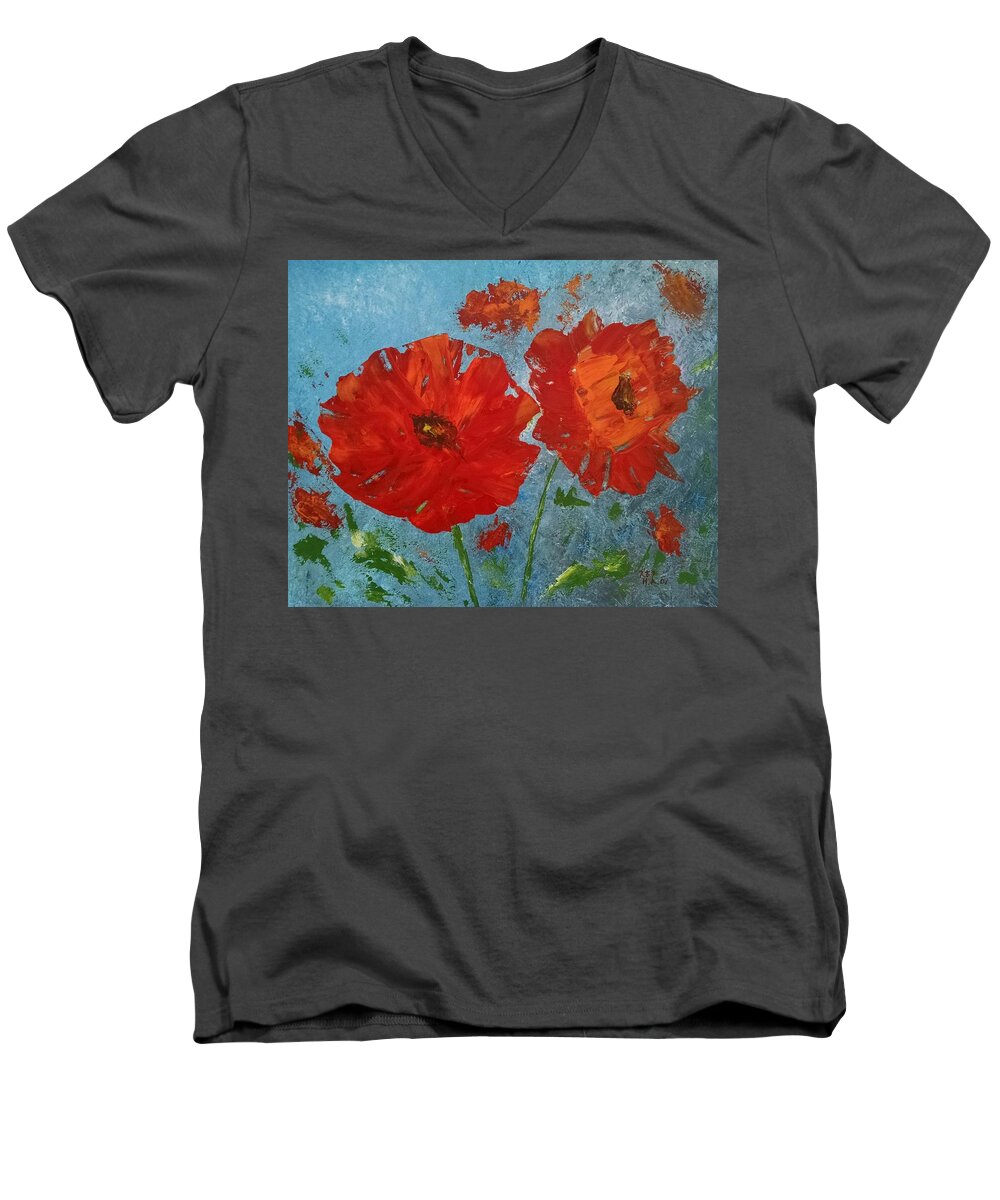 Poppy Flowers Men's V-Neck T-Shirt featuring the painting Poppy Flowers by Helian Cornwell
