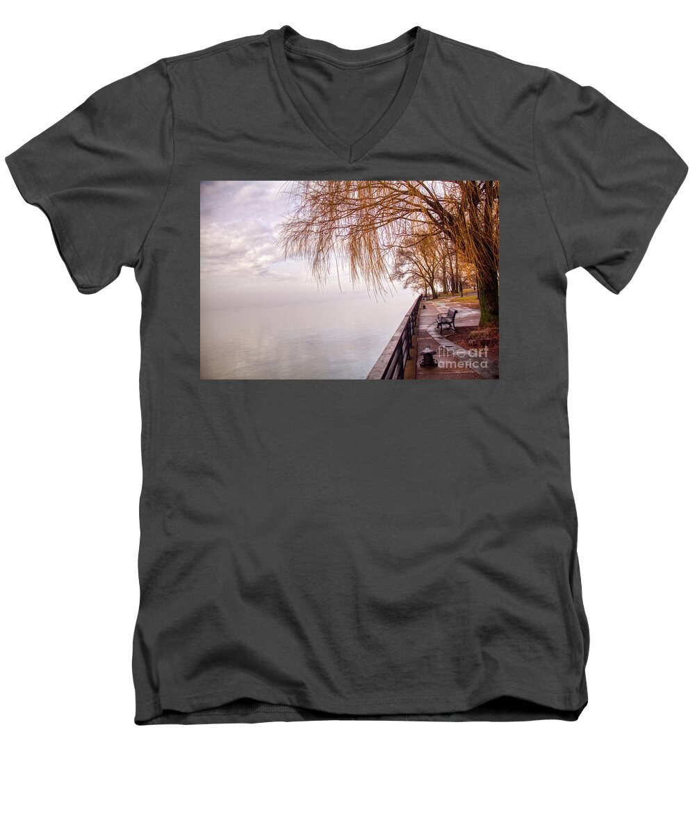 #niagarariver #foggy #hazy #instagram #photooftheday #photography #photographer #instagood #hdr #highdynamicrange #skylum #aurorahdr2019 #willow #trees #river #buffalony #716 #niagarafalls #travel #scenic #iloveny #imageoftheday #pictures #water #jimlepardigitalmaging.com #jimlepardigitalmaging #jim_lepards_fire_photography Men's V-Neck T-Shirt featuring the photograph Foggy Niagara by Jim Lepard