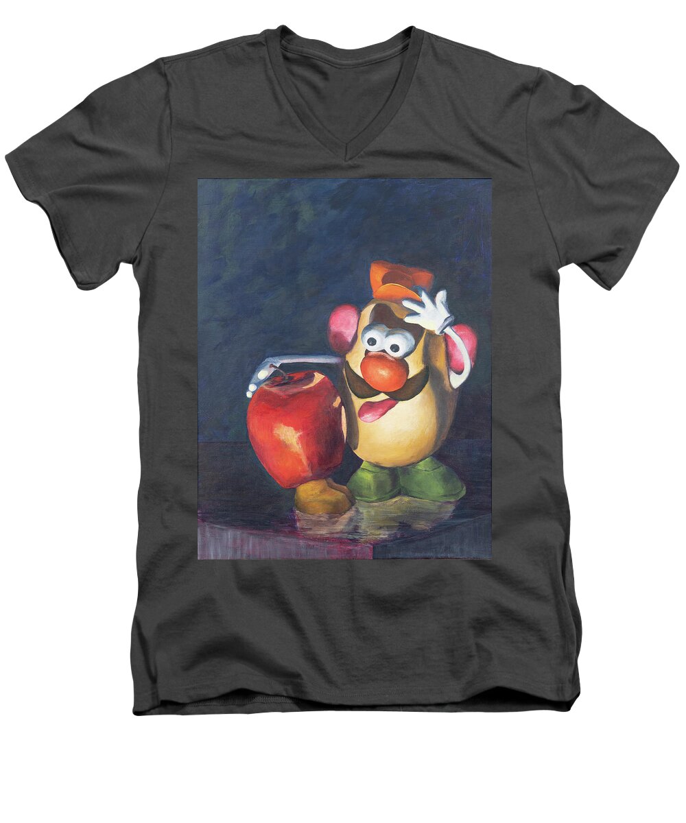 Acrylic Men's V-Neck T-Shirt featuring the painting Forbidden Fruit by Nancy Strahinic