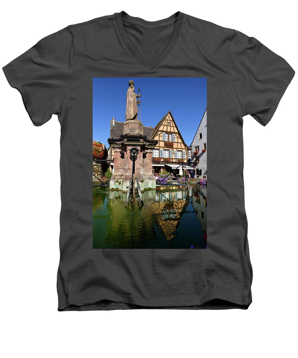 Eguisheim Men's V-Neck T-Shirt featuring the photograph Fountain Saint-Leon in Eguisheim, Alsace by RicardMN Photography